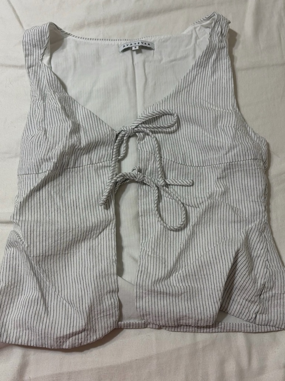White Pinstripe Tie-Front Tank